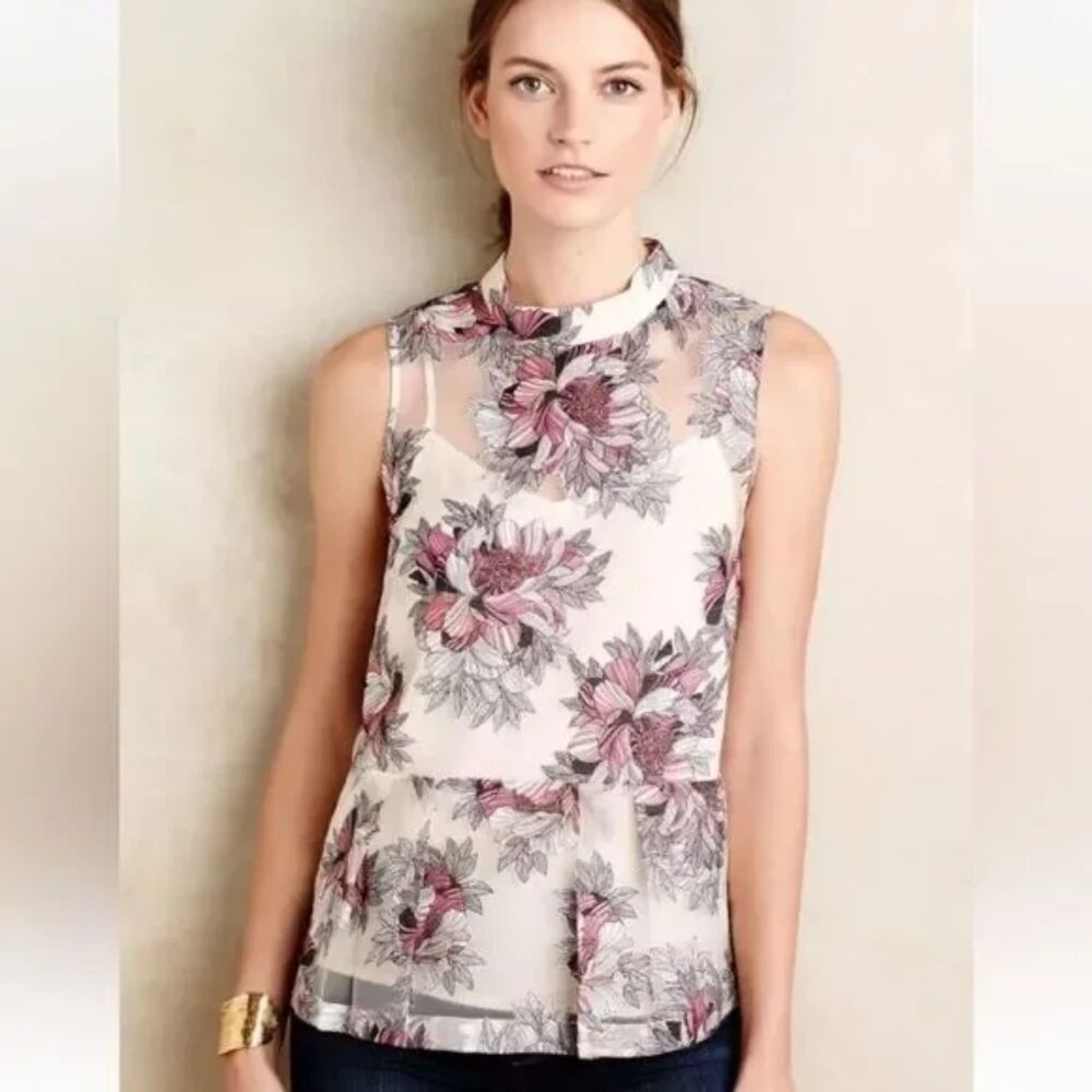 Anthropologie Moulinette Soeurs Terrace Blush Floral Sheer Peplum Top Cream Sz 2 - Picture 9 of 10